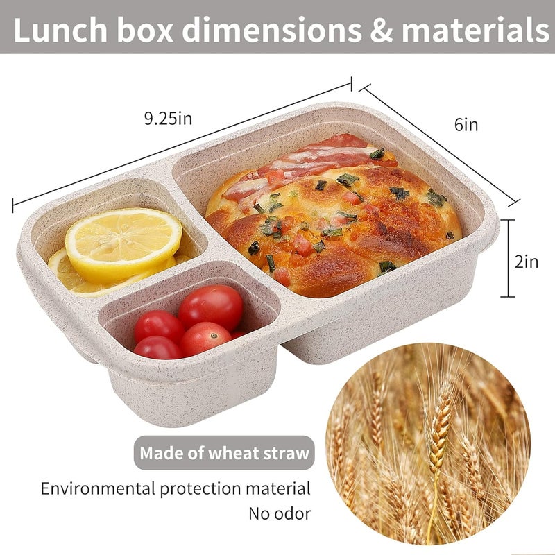 buluker 4 Pack Bento Lunch Box Set 3 Compartment Food Storage Containers Wheat Straw Meal Prep Lunch Box Plastic Food Storage Containers, Microwave and Dishwasher Safe (light colour) - Image 2